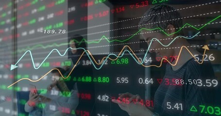 Poster - Animation of graphs and trading board over caucasian woman standing and using cellphone in office