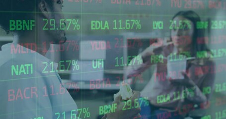 Poster - Animation of trading board over diverse coworkers discussing during lunch break in office