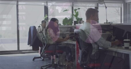 Sticker - Animation of infographic interface moving over asian businesswoman getting up from chair at desk