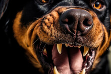 Close-up Open Mouth Of An Angry Rottweiler On A Black Background
