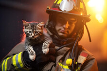 Photo Of A Firefighter Rescuing A Kitten From A Fire