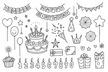 Set Of Hand-drawn Rough Line Illustrations With A Birthday Party Theme