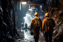 Group Mining Workers Walks Through Tunnel Coal Mine