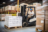 Fototapeta Miasto - Photo of a man operating a forklift in a busy warehouse