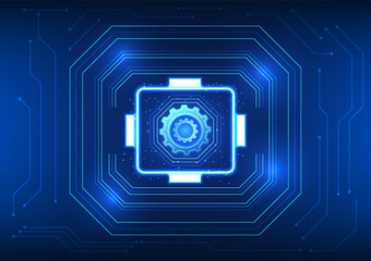 Poster - Gear technology The gear is in the middle with the accompanying elements. It means that technology is the engine that drives human progress and improves life. and the economy improves