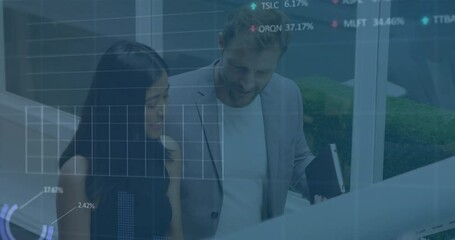 Poster - Animation of stock market data processing over diverse man and woman discussing on stairs at office
