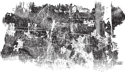 Poster - Glitch distorted grange shape . Noise grungy logo . Trendy defect error shapes . Glitched frame .Grunge textured . Distressed effect .Vector shapes with a halftone dots screen print texture.