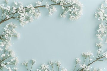 Wall Mural - Spring flower banner with branches of blossoming white gypsophila on pastel blue background with bokeh effect end empty space for text