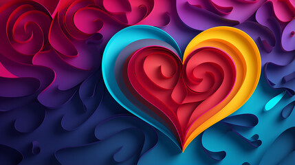 Poster - Paper cut out background with 3d effect heart shaped colorful