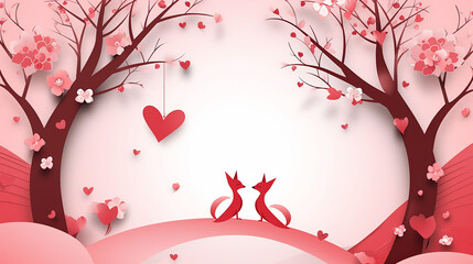 Poster - Valentine's day concept background with white and pink paper cut hearts frame or border on trees. 