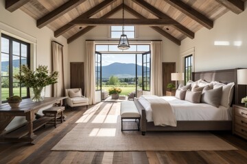 Farmhouse interior design of modern bedroom. Wooden floor. Big windows