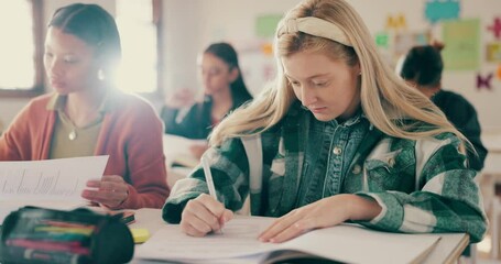 Poster - Students, education and writing exam in classroom with focus for assessment, learning and scholarship at school. Test, college and girls with goals studying for knowledge, career and development