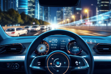 View of the night city from the inside of the car. Driving concept.