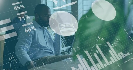 Poster - Animation of infographic interface over african american man talking on smartphone in office