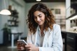 © yj - young woman doctor in a white lab coat using a smartphone while sitting in her office. generative AI