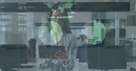 Fototapete - animation of multiple graphs moving over asian businesswoman using digital tablet in office