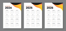 2024, 2025 And 2026 Calendar Set, Week Start Sunday, Simple Vertical Calendar Design Template. Corporate Design Planner Template. Wall Calendar In A Minimalist Style