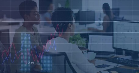 Poster - Animation of multiple graphs and diverse female colleague analyzing report over computer in office
