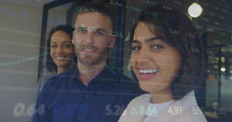 Poster - Animation of numbers changing and diverse smiling colleagues standing in office