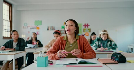 Aufkleber - high school, girl and raised hand for answer, class and education with talking for assessment. stude
