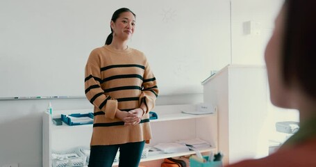 Poster - Education, university and a woman teacher in a class for learning, growth or development with a lesson. College, teaching and lecture with a young educator talking to students in an academy classroom
