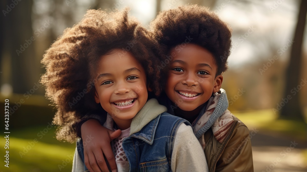 African American boy and girl hug happily amidst the beauty of a park ...