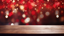 Close Up Of Empty Old Wooden Table Over Magic Red Christmas Background