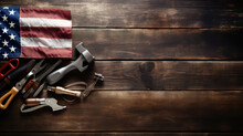 Construction Tools With The Flag Of The United States Of America On A Wooden Background With Copyspace