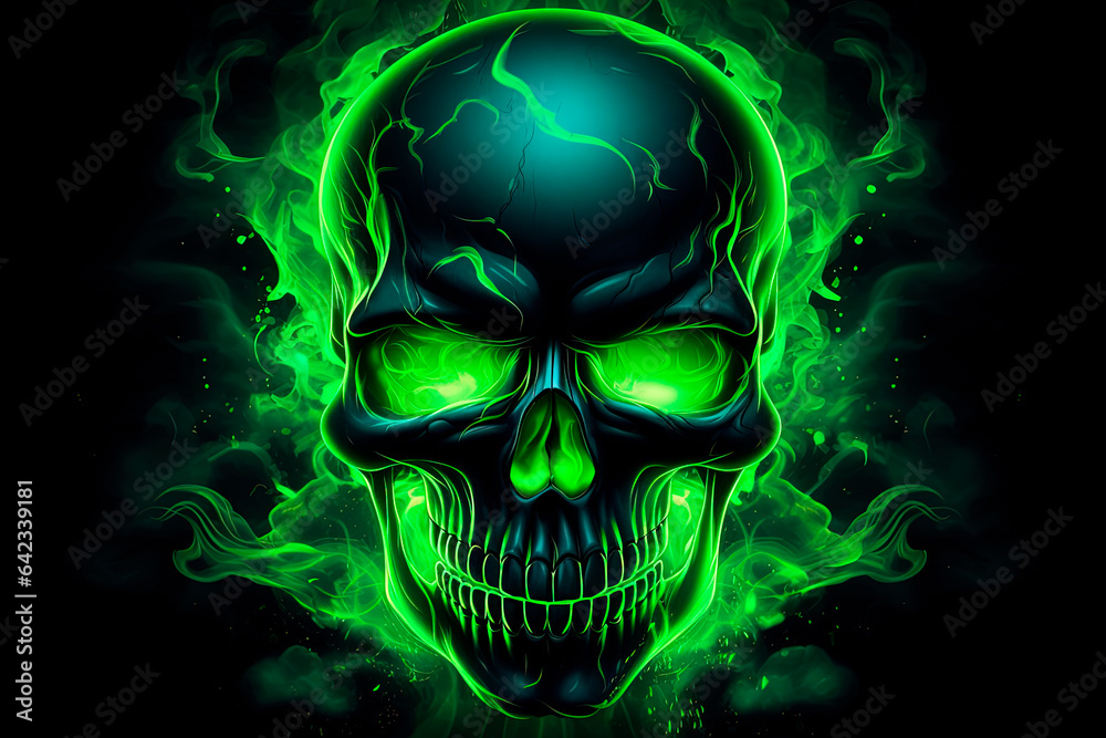 A neon skull with green eyes on a black background. Generative AI Stock ...