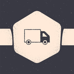 Sticker - Grunge Delivery cargo truck vehicle icon isolated on grey background. Monochrome vintage drawing. Vector