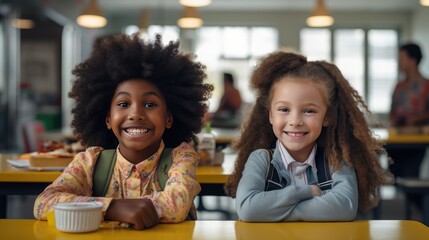 Wall Mural - young African American boy and girl who radiate joy as they enjoy their lunch break at school together.