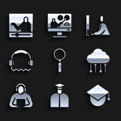 Poster - Set Magnifying glass, Student, Graduation cap on globe, Network cloud connection, Headphones, working laptop and Online education icon. Vector