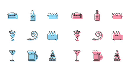 Wall Mural - Set line Martini glass, Wooden beer mug, Sofa, Wine glasses stacked pyramid tower, Birthday party horn, Bottles wine wooden box, Bouquet flowers and Whiskey bottle icon. Vector