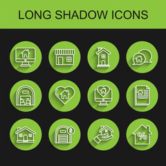 Sticker - Set line House, Warehouse with dollar symbol, Computer monitor smart home, Realtor, percant discount tag, heart shape, contract and Monitor in icon. Vector