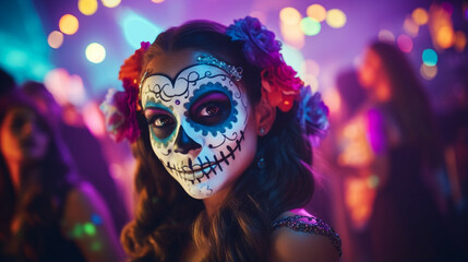 Wall Mural - Festive banner with halloween party. Woman with scary skeleton makeup and wearing carnival costume dance in night club background. Mexican death day. Generative AI