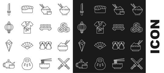 Wall Mural - Set line Traditional Japanese katana, Rice in bowl with chopstick, Sushi, costume Kimono, paper lantern, and cutting board icon. Vector