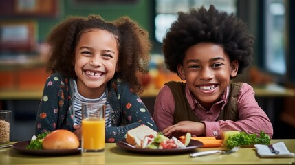 Wall Mural - young African American boy and girl who radiate joy as they enjoy their lunch break at school together.