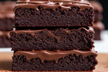 Delicious Fresh Baked Healthy Vegan Moist Dark Chocolate Brownies Dessert Or Sponge Cake With Coffee Frosting Cut In Squares On A Dark Textured Background