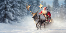 Santa Claus Riding In A Sleigh Pulled By A Reindeer