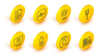 Poster - Set line Hospital building, First aid kit, Digital thermometer, Location hospital, Crutch or crutches, Heart rate and Patient record icon. Vector