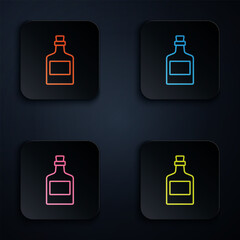 Poster - Color neon line Alcohol drink Rum bottle icon isolated on black background. Set icons in square buttons. Vector