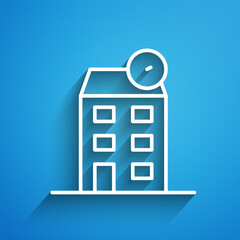 Sticker - White line House icon isolated on blue background. Home symbol. Long shadow. Vector