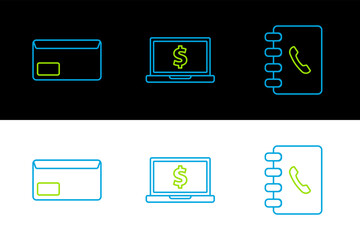 Poster - Set line Address book, Envelope and Laptop with dollar symbol icon. Vector