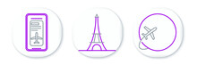 Set Line Globe With Flying Plane, Smartphone Electronic Boarding Pass Airline Ticket And Eiffel Tower Icon. Vector