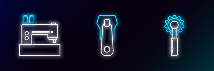 Sticker - Set line Cutter tool, Sewing machine and Zipper icon. Glowing neon. Vector