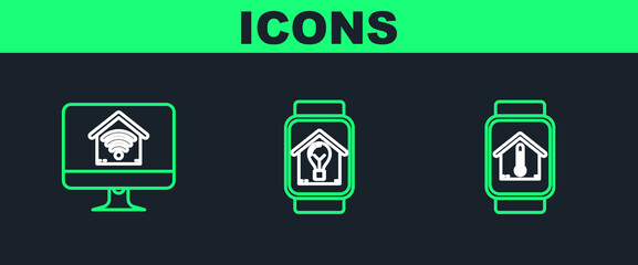 Sticker - Set line Smart watch with house temperature, Computer monitor smart home wi-fi and and light bulb icon. Vector