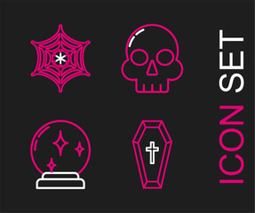 Wall Mural - Set line Coffin with christian cross, Magic ball, Skull and Spider web icon. Vector