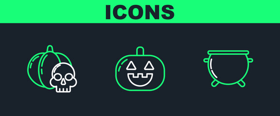 Wall Mural - Set line Halloween witch cauldron, Pumpkin and skull and icon. Vector