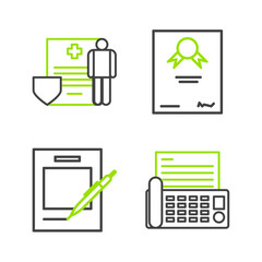 Poster - Set line Fax machine, Blank notebook and pen, Certificate template and Medical clipboard with clinical record icon. Vector