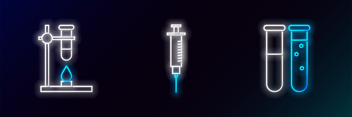 Poster - Set line Test tube and flask chemical laboratory, Glass test on fire heater and Syringe icon. Glowing neon. Vector